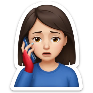 generate a brunette girl crying while taljking on a mobile phone sticker