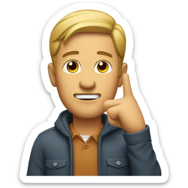 man pointing at his ear sticker