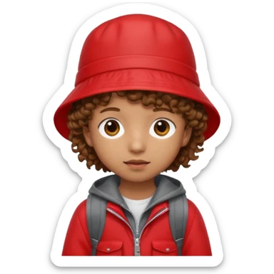 Little student brown curly hair, wears red bucket hat and jacket, backpack, shy sticker