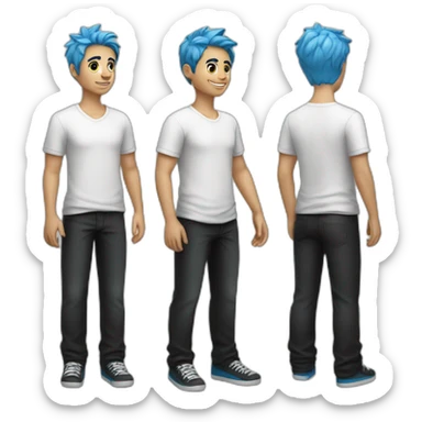 A boy with blue hair, a white shirt and black pants is looking good. sticker