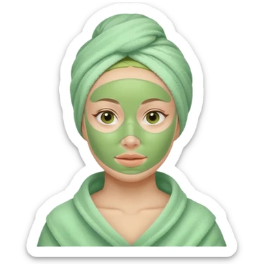 woman with green facial mask, towel on head, serene expression sticker