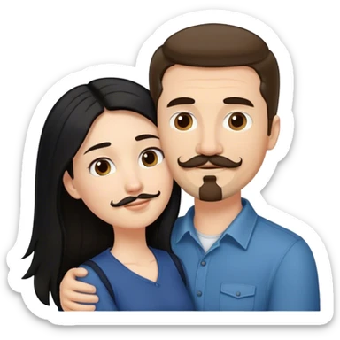 a short white girl with long black hair hugging a tall white guy with brown hair goatee mustache sticker