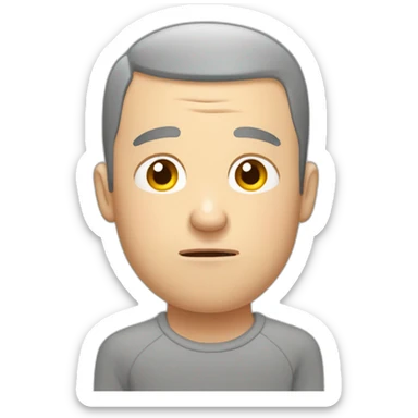 tired white man with buzz cut in gray sweatshirt and anxious sticker