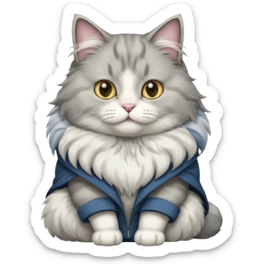 a very fluffy big grey and white cat sitting regally sticker