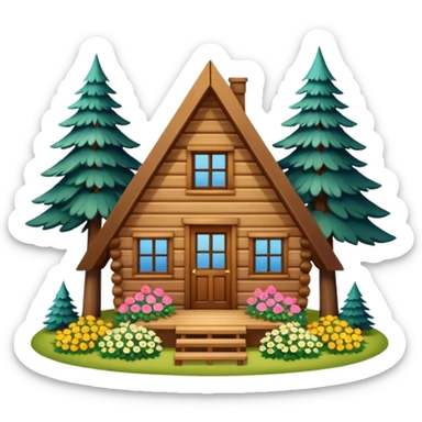 triangle small cabin in the woods, surrounded by pines, with flowers around sticker
