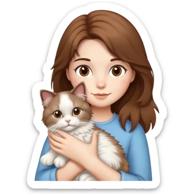 brown-haired girl holding a fluffy ragdoll cat sticker