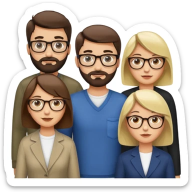 Four people including a man with hair and glasses, a man with a beard and no glasses, a woman with long brown hair and no glasses and a woman with a blonde bob and no glasses sticker