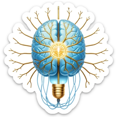 Pearlescent and light blue floating capsule suspended in front of an ethereal brain illuminated by golden electrical pulses branching into a neural network pattern, awakening lucidity. A soft light also surrounds a small liver symbol, all rotating in an aura of focus and internal connection sticker