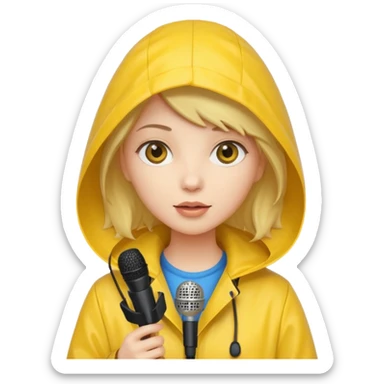 womanwith rain coat and microphone sticker