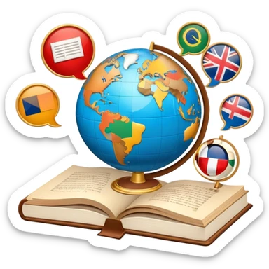 An icon featuring a globe with speech bubbles in different languages, symbolizing the study of foreign languages. The design includes a book and a pencil, representing learning and communication across cultures. Transparent background highlights the global nature of language education. sticker