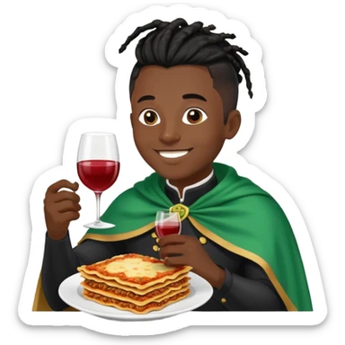  High fade ponytail dreadlock male black hair dark skin smiling and nigerian cape eating lasagna and wine  sticker