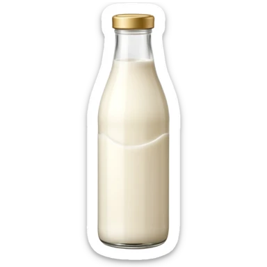 tall clear or opaque glass bottle filled with creamy white liquid, sealed with simple cap, soft natural shape, faint label hinting goat origin, no text or branding, milk richer tone than cow's milk, soft lighting, subtle shadows, emoji scale sticker