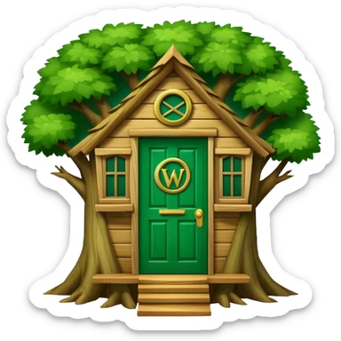 letter W on the side wall of a treehouse with an emerald green door, in a tree sticker