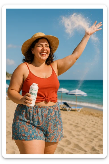 Donna in spiaggia che butta il borotalco italiano, la donna è intorno ai 66kg sticker