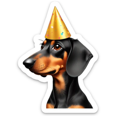 sideview of a dachshund wearing a party hat sticker