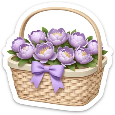White Picnic basket with lilac bow and white peonies inside sticker
