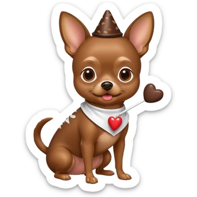 Brown chihuahua wearing a Hershey kiss costume sticker