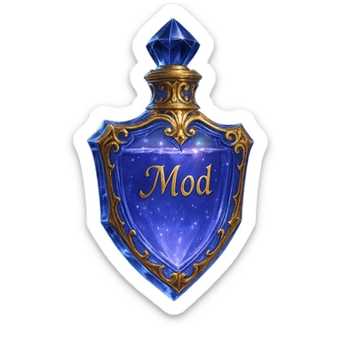 Very luxurious, exceptional crystal shield-shaped elixir bottle, color #7986cb, with inscription 'Mod', enhanced glow, edges, ornaments, golden details, subtle magical effects, unique shape accents, transparent background, beautiful seamless bottom, bottle clearly floating in air without base or shadow, premium class, modern, fits collection. sticker