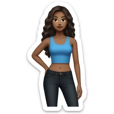 Medium size girl skin tone fair long dark brown hair in blue tank top and black high waist skinny jeans sticker