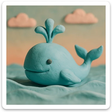 a blue whale with a water spout, claymation style sticker