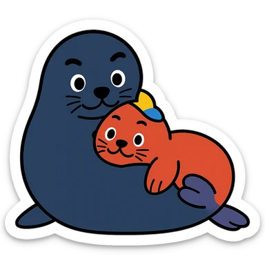 Transform the seal pup and mother in the image to resemble Yo-chan and Tusk-chan from Tokkari Centre, maintaining the affectionate pose and preserving the transparent background. sticker