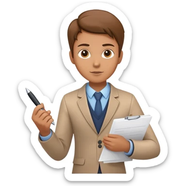 a person holding a checklist and pen, wearing smart casual clothing. The character is in a focused pose sticker