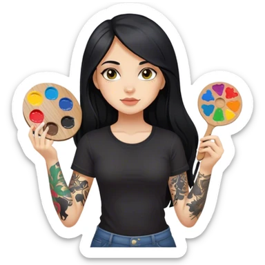 A girl with long black hair  light complexion and hazel eyes and black tattoos on right arm holding a paint palette  wearing black shirt sticker