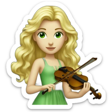 blond girl, green eyes, with violin sticker