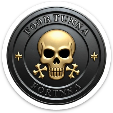 Minimal emoji, gothic metal coin made of black steel, engraved word FORTUNA at the center, ancient industrial aesthetic, worn metal texture, no glow, no neon, flat emoji design, centered, transparent background sticker