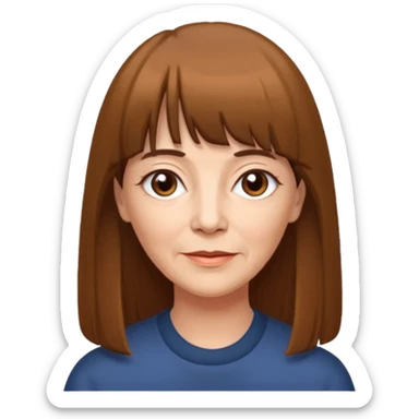 60 yr old woman, very small brown eyes, long straight brown hair, bangs,  sticker