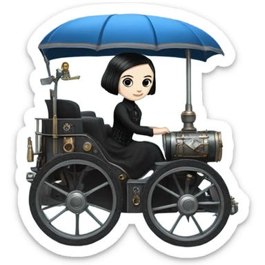 Wednesday Addams driving a modern blue and pewter steampunk electric wagon sticker