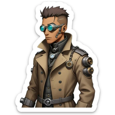 Cartoonish, rough, and battle-worn, cyber-steampunk Dr. Numen Oppen's side-view mug shot showcases his rugged trench coat, exposed mechanical joints, and worn cybernetic enhancements, blending steampunk grit with cyberpunk tech. sticker