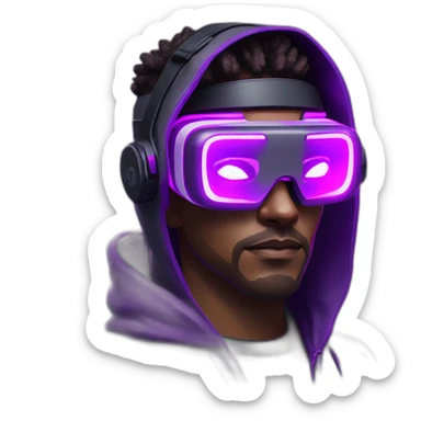 Cyberpunk style. Violet neon. Man with light skin in the black hoody with violet OMG VR logo on it wearing vr headset oculus quest 2 sticker
