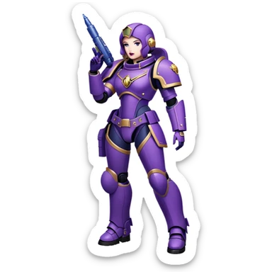 Stunning woman in purple , space marine, full body forward-fashion pose, sending air kiss sticker