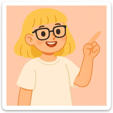 Smiling girl with blonde hair, bangs, and brown eyes, wearing black square glasses and a white oversized T-shirt, pointing her finger up to the right, soft pastel illustration style sticker