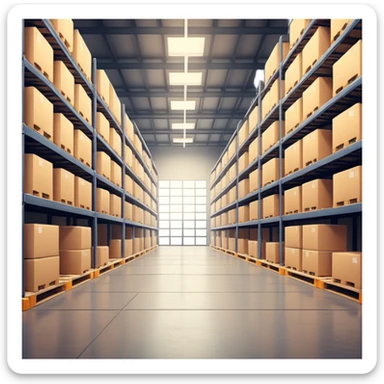 Modern warehouse interior, ultra-realistic, 4K, industrial shelves with boxes and pallets, soft lighting, realistic shadows, sharp focus, cinematic depth of field, professional photography. sticker