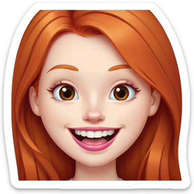 Young girl with pale skin, full pink lips smiling with big teeth, very long straight ginger red hair, bigger nose, deep brown eyes, big mouth sticker