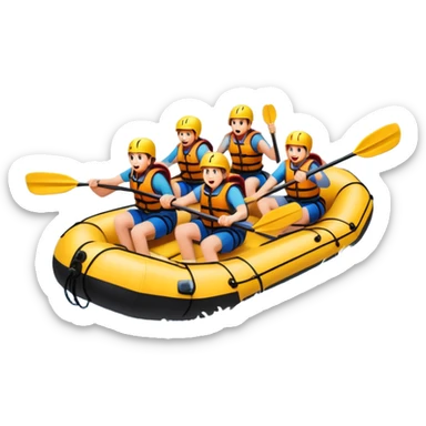 A group of adventurers paddling a raft through wild, fast-moving river rapids. The scene includes splashing water, rugged rocks, and intense action, emphasizing the excitement and teamwork of rafting in challenging conditions. sticker