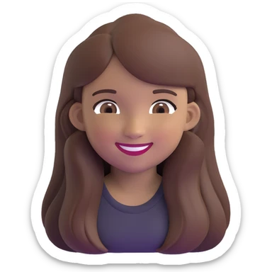 a girl with long brown hair and brown eyes smiling, memoji style sticker