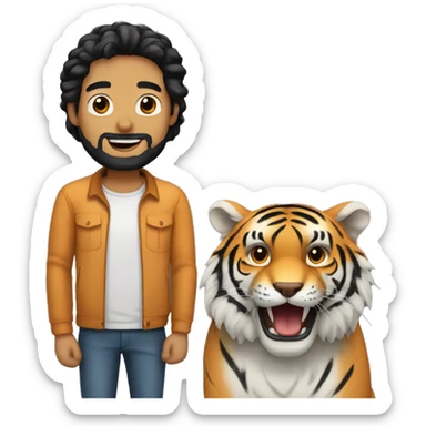 a caucasian guy with black hair and beard being best friends with a tiger sticker