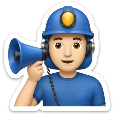 Um homem com capacete azul escuro segurando um megafone sticker