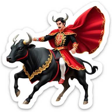 ​Cinematic Realistic Spanish Matador in Action, depicted in an ornate traje de luces with a flowing red cape, captured in the dramatic moment of confronting a charging bull in a traditional bullring, rendered with dynamic motion and dramatic lighting that encapsulates the intensity and artistry of the spectacle, sticker