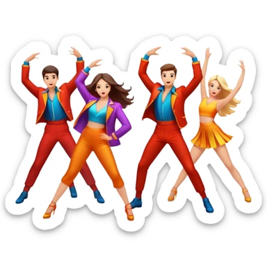 Icon for Contemporary Dance: a synchronized guys and girls group performance on stage with backup dancers in bright, modern outfits and dynamic lighting. The icon should capture the energy and coordination of a dance routine, with a focus on movement and stage presence. Transparent background. sticker