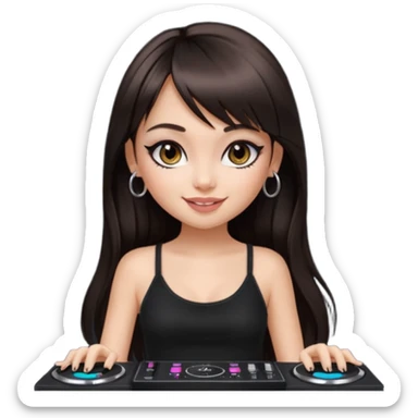 generate a pretty bratz girl in black cami top, dark brown straight long hair with bangs, eyeliner on, djing, fair sticker