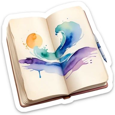 Cinematic Realistic image of an open sketchbook accompanied by a set of translucent watercolors, with delicate pigment stains and soft, flowing brushstrokes, captured under gentle, diffused lighting that highlights creative fluidity sticker