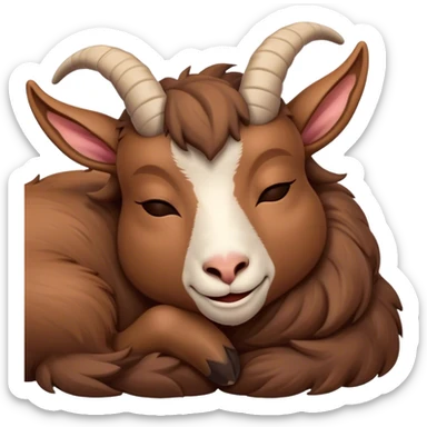 Meme-Worthy Cute Sleeping Brown Goat Portrait Emoji, Head resting peacefully with a contented smile, showcasing a robust build and a luxuriously soft brown fur, eyes shut in a serene, restful nap, Simplified yet hilariously adorable features, highly detailed, glowing with a soft, drowsy light, high shine, relaxed and utterly lovable, stylized with an air of playful laziness, bright and heartwarming, soft glowing outline, capturing the essence of a comically sleepy goat, so meme-worthy it feels like it could instantly become the next viral sensation of adorable slumber! sticker