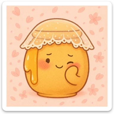 cute honeypot with lace veil, blushing cheeks, small smile, hiding bashfully behind its arm, honey drips down, petal-filled blush pink background sticker