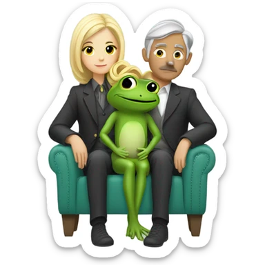 A blonde girl in a frog costume sitting in her grey haired boyfriend lap. And he has a mustache  sticker