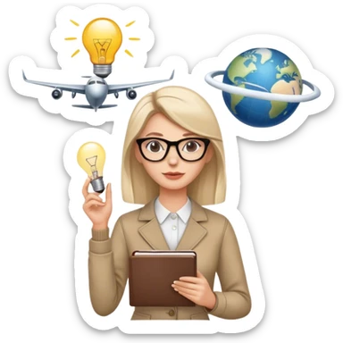 A woman with a sleek hairstyle, stylish glasses, holding a notebook, a lightbulb above her head, an airplane in the background. sticker