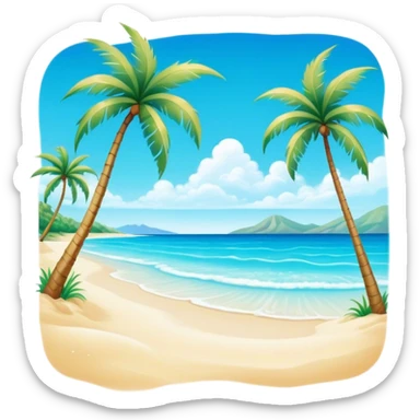 Cinematic Realistic Pristine Crystal-Clear Water Beach Emoji in a wooden frame, Sunny and radiant, with soft golden sand stretching endlessly, gently lapping waves of crystal-clear turquoise water washing onto the shore. The water is so transparent it reveals the shimmering seabed below, creating an idyllic, pristine setting. Above, the sky is a vivid blue, with a few gentle wisps of clouds. Palm trees sway gracefully in the warm breeze, their reflections mirrored in the water. Soft glowing outline, capturing the essence of a peaceful, serene beach paradise where every element gleams with natural beauty. sticker
